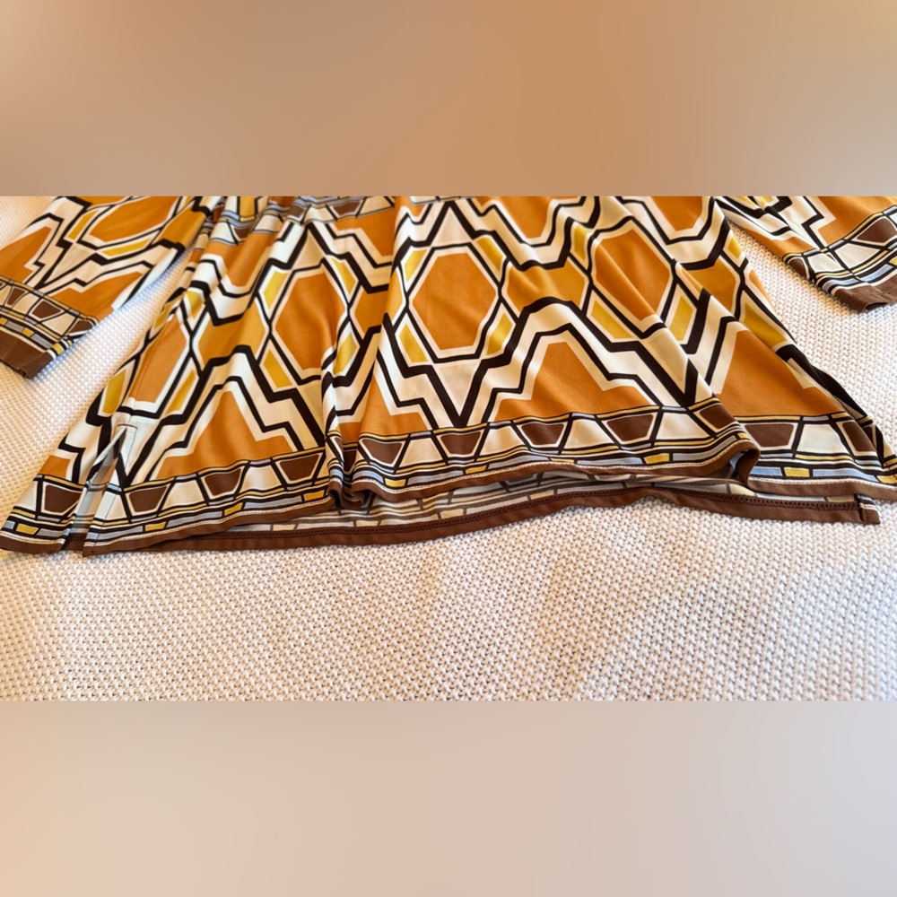 CHICO’S Yellow Gold White & Brown Geometric Blouse Tunic Top - Picture 6 of 16